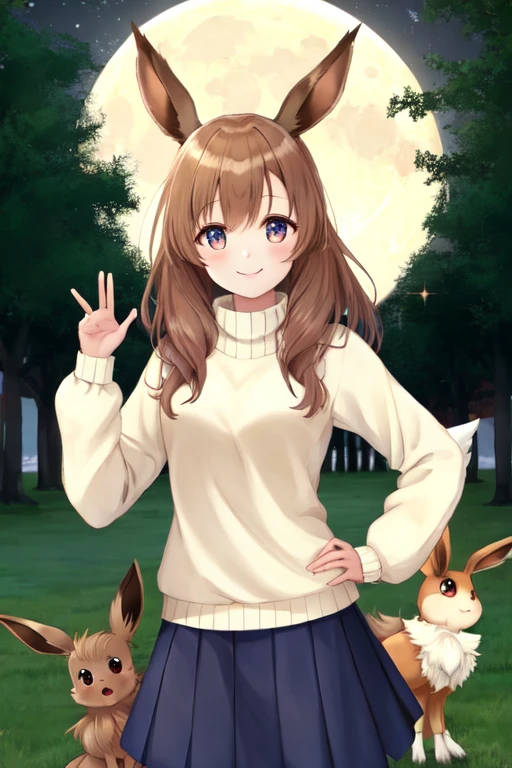 Eevee,hand on hip,light smile,moon,outdoors,sweater