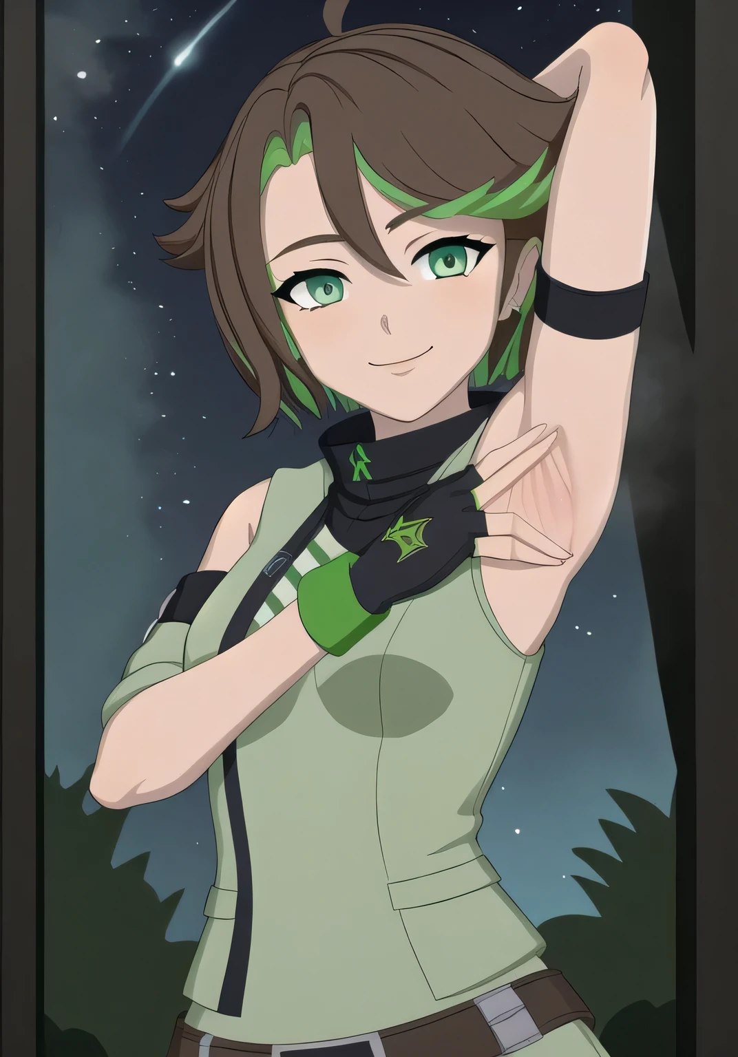 masterpiece, best quality, (Jessica_Cruz_rwby), (green eyes),  (1girl), (green eyes), solo, night sky, forest, arms behind head, contrapposto, spread armpits, closed mouth, looking at viewer, dynamic pose, smile, upper body,