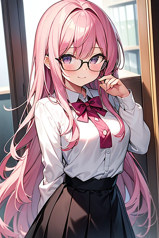 masterpiece,best quality, 1girl, pink hair, black eyes, smile, solo, closed mouth,looking at viewer, blush, long hair, bangs, upper body,skirt,bow,((wearing a glasses))