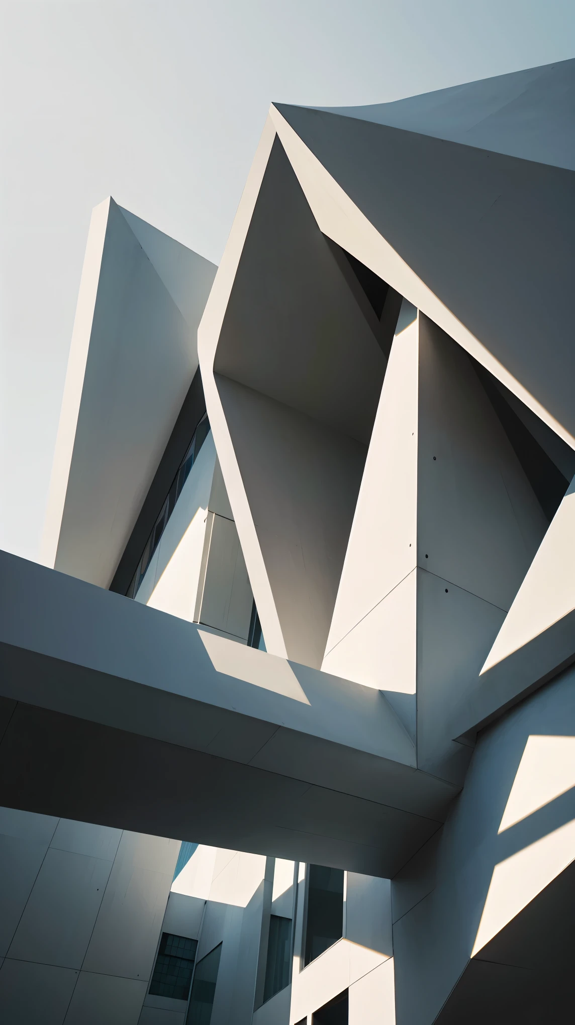 Unusual architectural design、modernist、geometric shapes、Minimal、Concrete structure、Sharp Angles、Clean lines、symmetrical pattern、Abstract shapeinimalist Color Palette、Natural light、high contrast、futuristic aesthetic、visual depth、modern art、Mathematical precision、intricate details