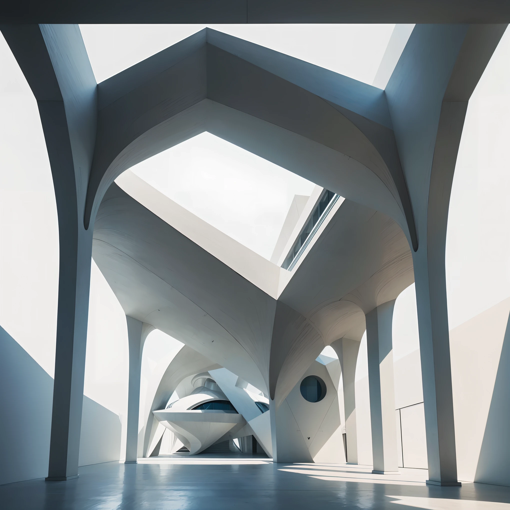 unusual architectural design, modernist, geometric shapes, minimalistic, concrete structures, sharp angles, clean lines, symmetrical patterns, abstract forms, minimalist color palette, natural lighting, high contrast, futuristic aesthetic, visual depth, contemporary art, mathematical precision, intricate details