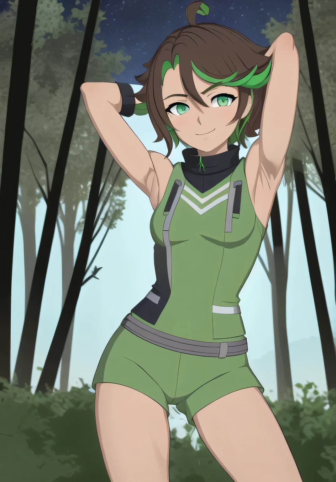 masterpiece, best quality, (Jessica_Cruz_rwby), (green eyes),  (1girl), (green eyes), solo, night sky, forest, arms behind head, contrapposto, spread armpits, closed mouth, looking at viewer, dynamic pose, smile, cowboy shot,