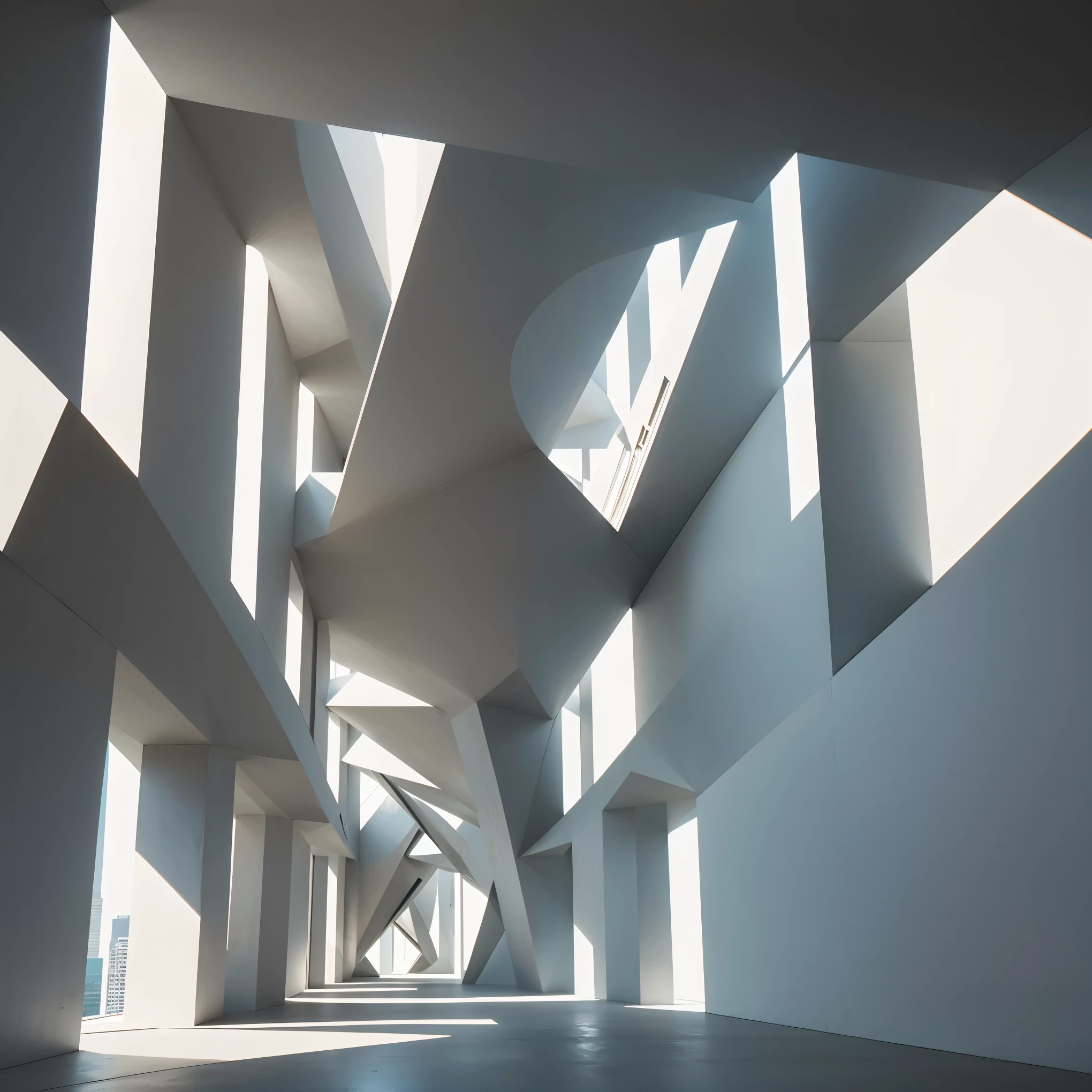 unusual architectural design, modernist, geometric shapes, minimalistic, concrete structures, sharp angles, clean lines, symmetrical patterns, abstract forms, minimalist color palette, natural lighting, high contrast, futuristic aesthetic, visual depth, contemporary art, mathematical precision, intricate details