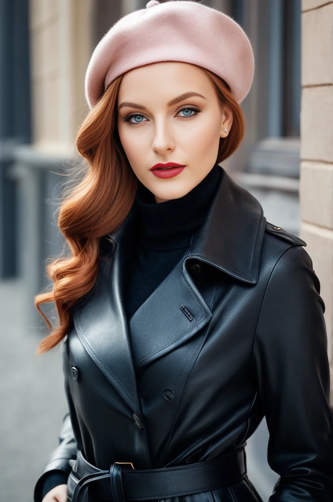 A close-up portrait of a gorgeous, beautiful, stunning russian woman wearing a classy elegant outfit: a black belted double breasted leather trench coat, a black sweater and a pale pink beret. A redhead woman from Russia, delicate red lips, pastel pink skin tone, soft flawless pale skin, elegant make-up, red lipstick. Classy, elegant, sophisticated redhead woman, a majestic lady, dream beauty, ethereal beauty, angelical beauty, delicate, sensitive, tender, lovely, romantic, kind-hearted, femenine and strong, brave, determinated woman. Elegant look, flowing and glowing wavy ginger hair. She's making a photo book, posing for camera, professional photograph, editorial photograph, portrait photograph of a russian model.