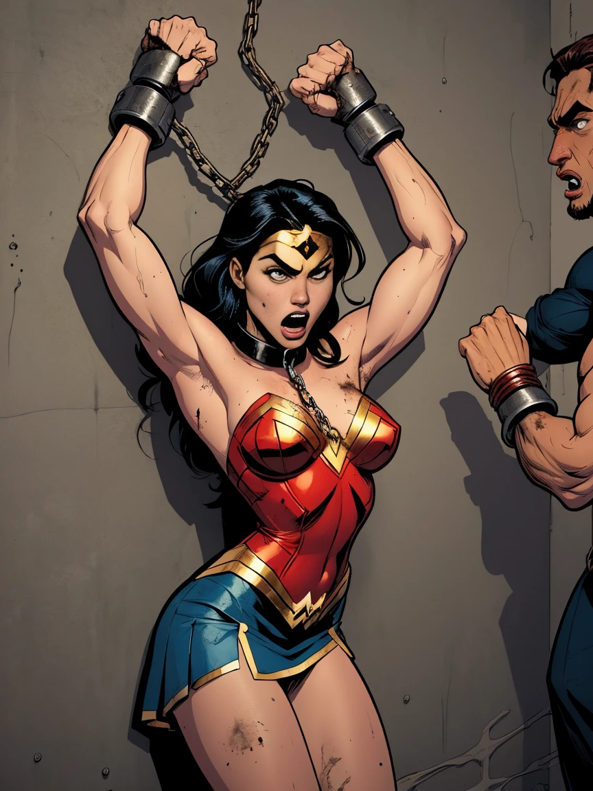 IncrsPunchingArmstrongMeme, punching, BREAK, 1girl, beautiful girl, wonder woman,blue skirt, angry eyebrows, rise eyebrows, scream, (((shackles)), ((shackles and arms down, chain leads, metal collar, wrists tied)), bondage, slavery, restraint, BREAK, (1boy, standing on side, punching,hit her, hand punch), BREAK,(basemend wall backgroun, dirty, dark, creepy), best quality, masterpiece, arms up, comic style, cartoon source