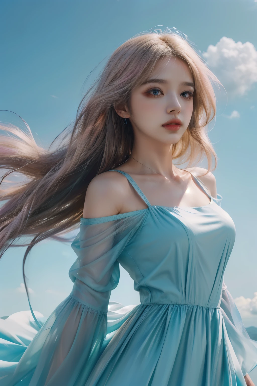 (8k, RAW photo, photorealistic:1.25), ( lip gloss, eyelashes, glossy side, shiny skin, best quality, ultra high resolution, depth of field, chromatic aberration, caustics, wide light, natural shadows, headwear, Kpop idol), (dreamy and romantic compositions: 1.5), light pink style, 1girl, (sky witch: 1.5), tall and thin beauty goddess, flowing dress, conservative girl, cloud goddess, flowing reality fabric, wearing flowing dress, realistic, blue sky in background, (wind: 1.5), (half: 1.5), add_detail,
