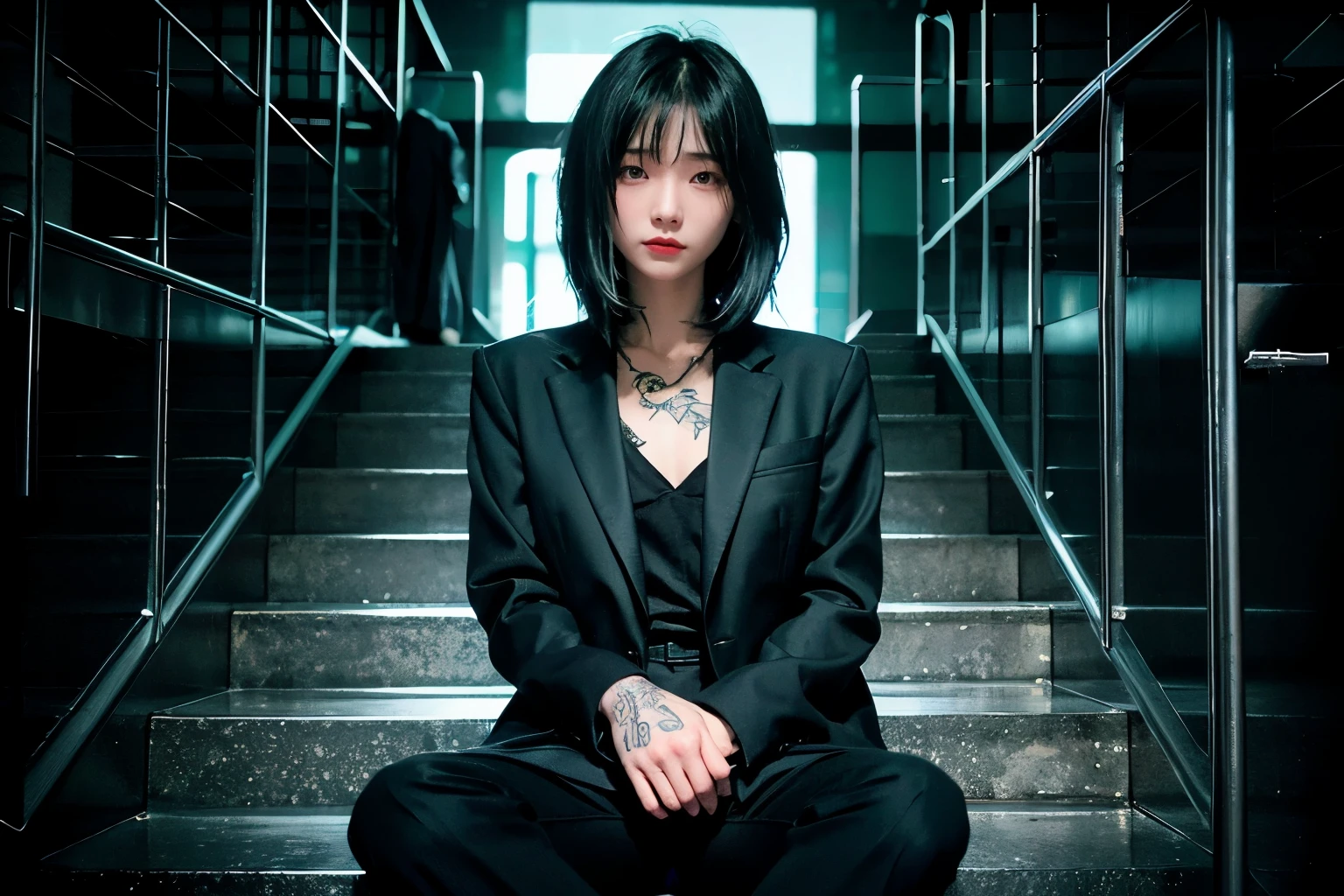 tech noir, calm cyberpunk style, dark cyberpunk atmosphere, A girl sitting lit staircase, shoulder length hair, Tattoo on hand, white shirt, black suit, black pants suit, masterpiece, best quality, 8k, felix englund style, high contrast, SIGMA 50mm F1.4, leica_style, candytt