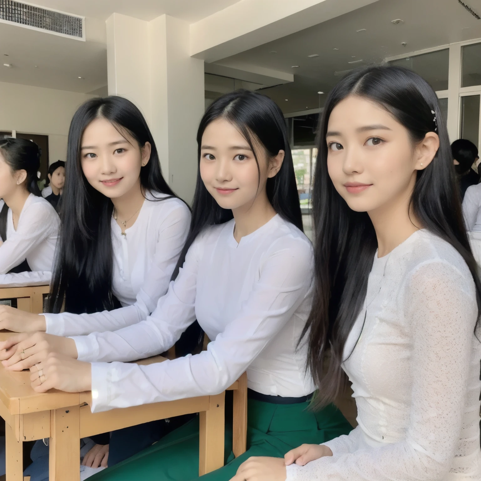 beautiful girls wearing white blouse and dark green longyi. sitting at school