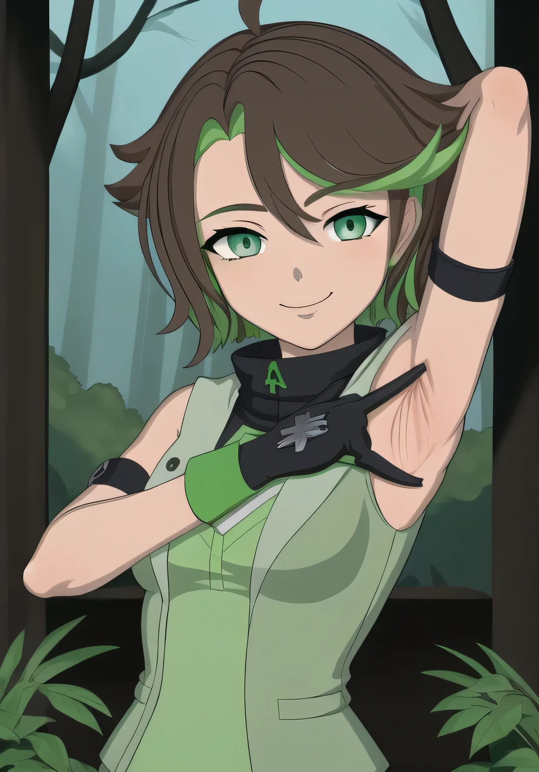 masterpiece, best quality, (Jessica_Cruz_rwby), (green eyes), (1girl), (green eyes), solo, night sky, forest, arms behind head, contrapposto, spread armpits, closed mouth, looking at viewer, dynamic pose, smile, upper body,