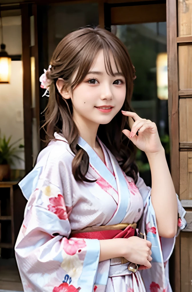 Blonde kimono beauty、Flashy floral kimono、My cute girlfriend is a kimono model.、brown eyes、Beautiful smile、he is short、Braid、hair ornaments、Colorful and showy kimono、