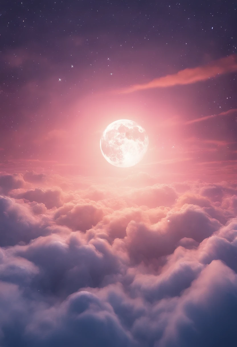 ((HG)), A captivating ((photorealistic image)) of a dreamy night sky featuring a fulmoon and an array of twinkling stars. Galaxy, creating a sense of depth and fantasy. soft dreamy clouds adding to the ethereal atmosphere. This stunning 3D render is perfect for an iPhone wallpaper, showcasing an aesthetic blend of cosmic and dreamy elements that would make it a standout cinematic backdrop.