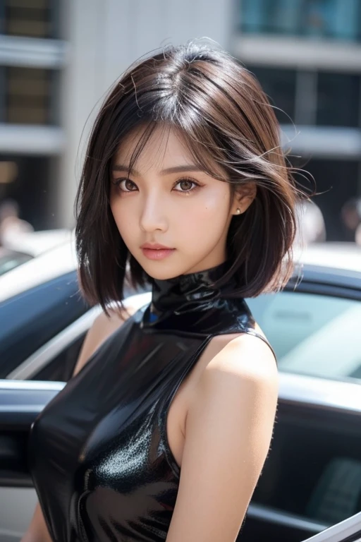 A cute girl with tanned skin who looks like a K-pop idol, sexy body, Her hair is dark brown and bob-like [in shades of black], golden eyes (shiny), super realistic eyes, In a white see-through dress, valorant riot games, round face, realistic lighting, radio city, close.