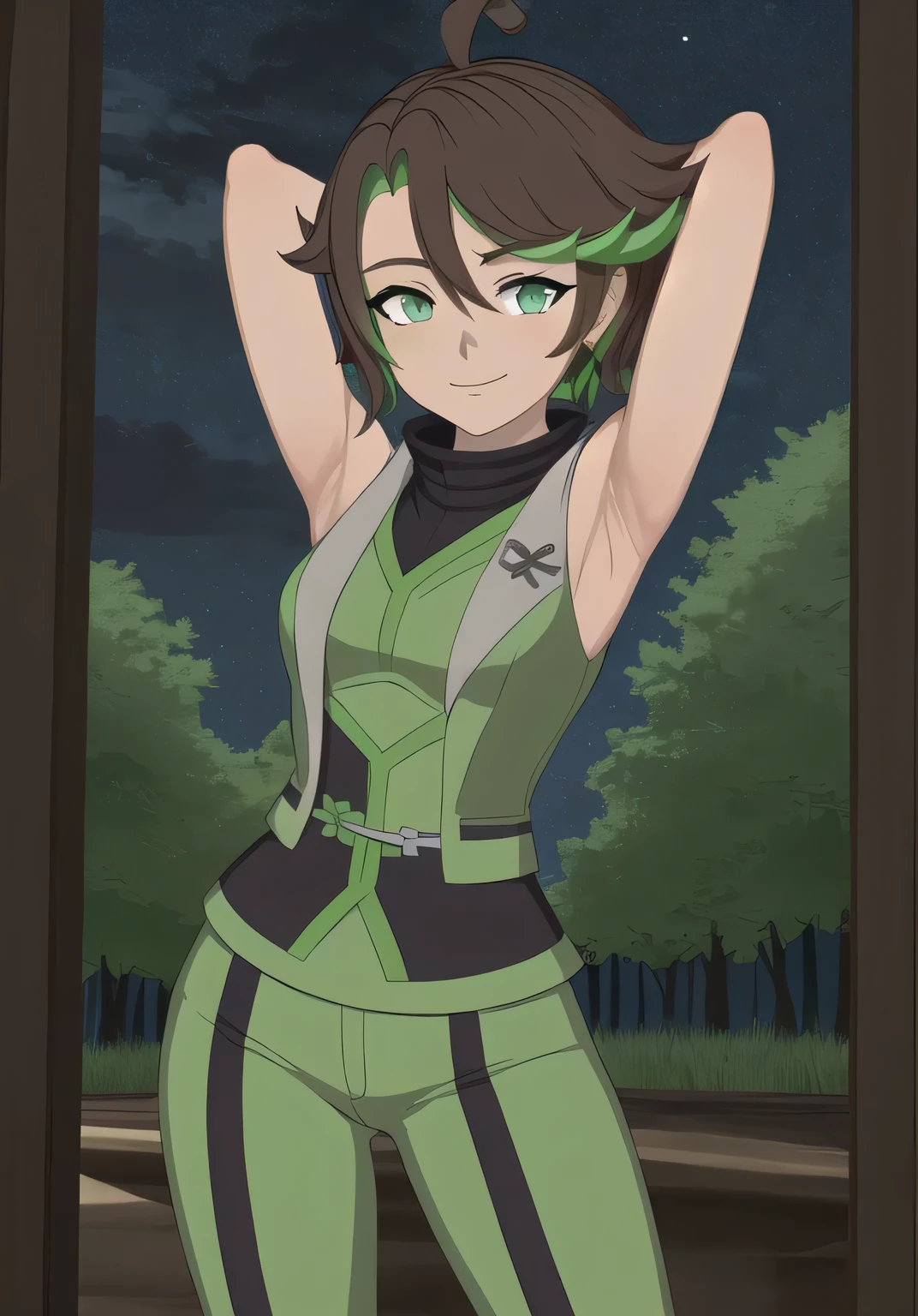 masterpiece, best quality, (Jessica_Cruz_rwby), (green eyes), (1girl), (green eyes), solo, night sky, forest, arms behind head, contrapposto, spread armpits, closed mouth, looking at viewer, dynamic pose, smile, cowboy shot,
