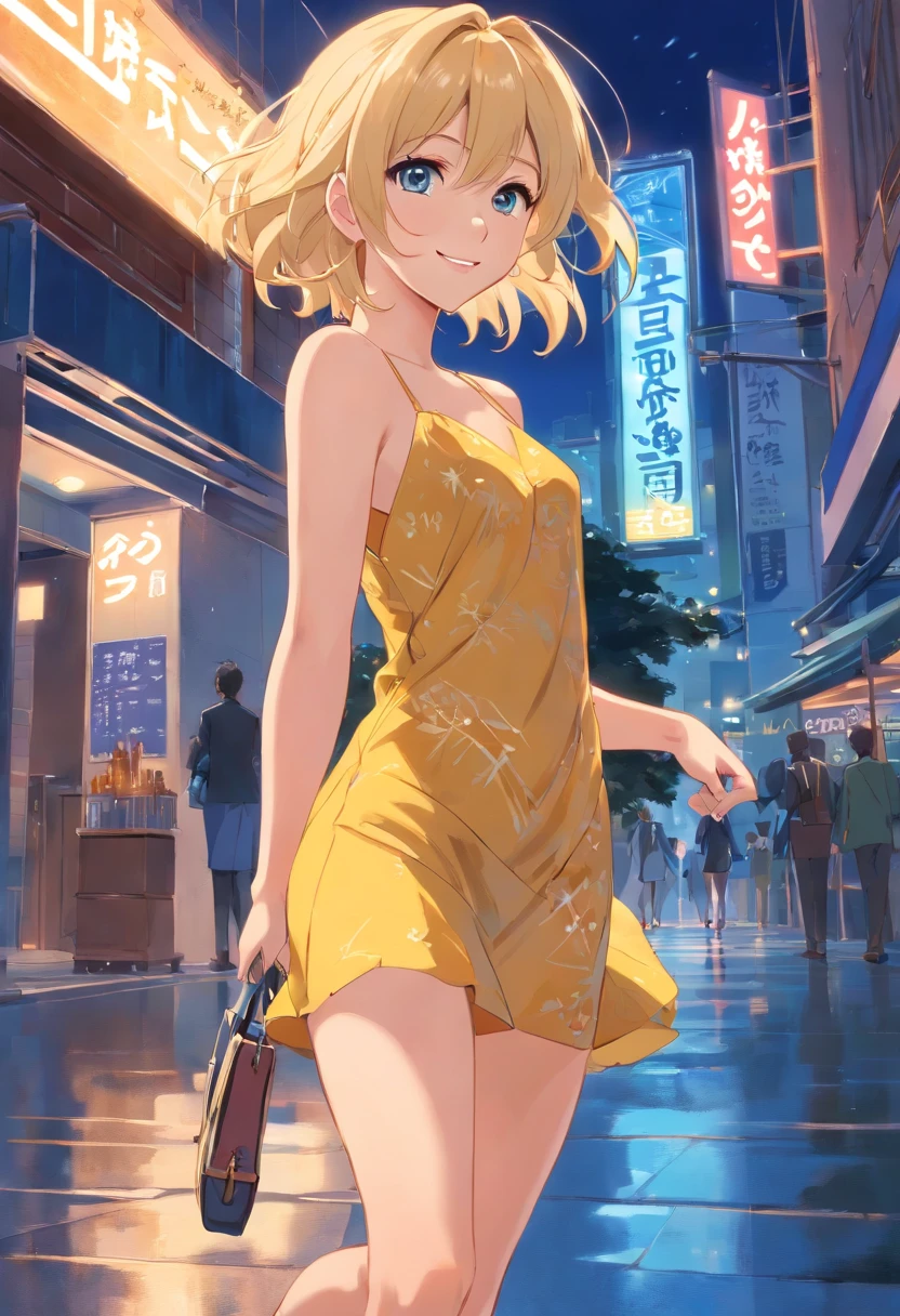 Blonde woman 17 years old, ojos azules ((pelo corto)) ((cuerpo entero)) vestido de noche azul sin espalda, high heels and handbag from back looking back and smiling , piso mojado de noche 