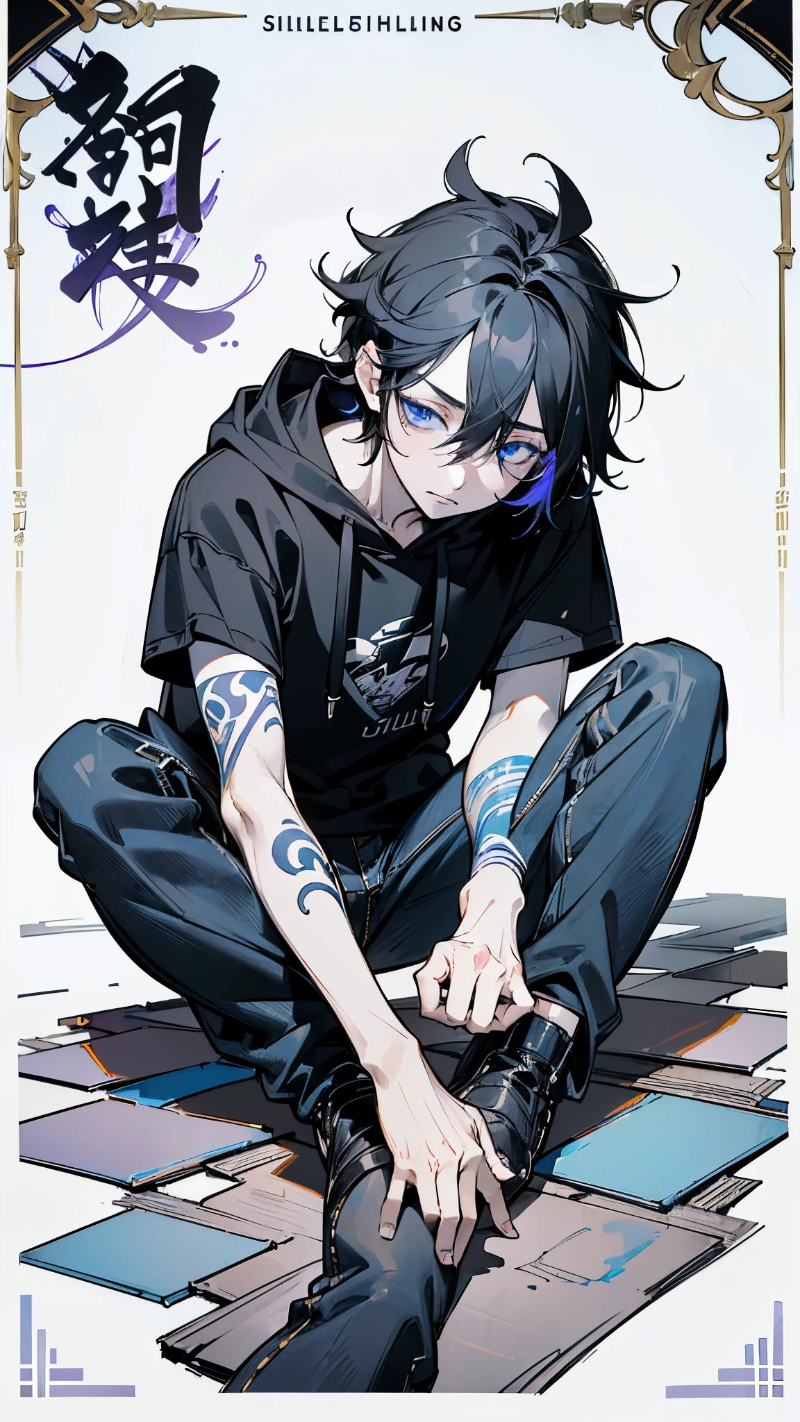 (masterpiece, sidelighting, finely detailed blue eyes: 1.2), ((best quality)), (highly detailed:1.3), anime, character sheet, concert art, adult man, ((black hoodie)), (loose black denim pants), pale skin, (bored expression), short messy hair, ((black hair:1.3)), hair between eyes, purple tattoo on left arm, scar on face, solo,