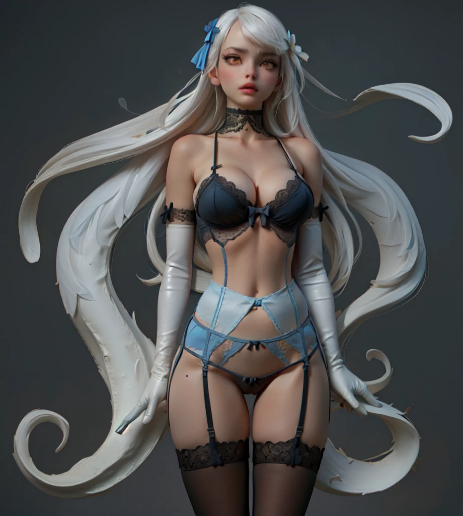 (lace, lace-trim, white elbow gloves, white bow bra, white thighhighs, bare shoulders, thighs, underwear only, bow , white choker, g-string, thong:1.4), cleavagge eyes, long white hair, swept bangs, messy hair:1.4), (pink lips, hair flower, pink flower, makeup:1.2), 1girl, thigh gap, ((outdoors, hills, grass, leaves, blue sky, sun, flowers)), (arms by side:1.2), (front view)) (((garter straps, garter belt:1.2)))