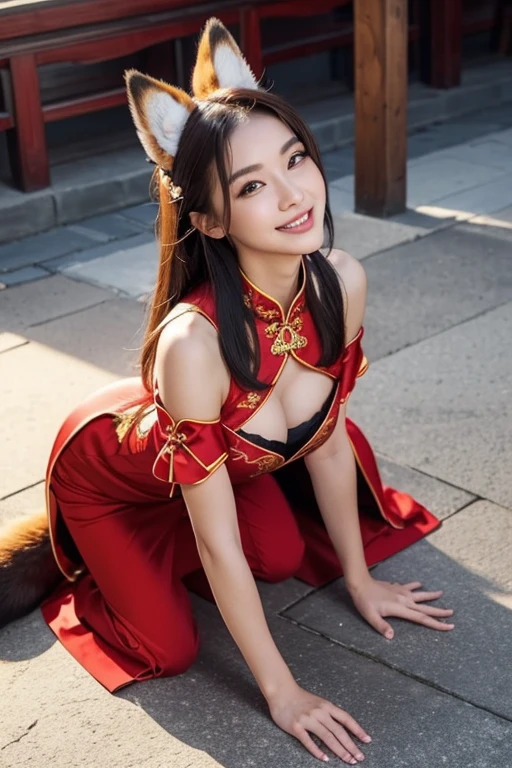 (((long Traditional Chinese costumes outfit comes off))),(((view full body))),(((Show cleavage))),(((bare inner thigh)))、(((show side breast))),(((detached sleeves))),(((over-kneehighs))),ulzzang-6500-v1.1, (Raw photo:1.2), (Photorealsitic:1.4), a beautiful detailed girl, extremely detailed eye and face, beautiful detailed eyes, ultra-detailed, High resolution, top-quality, ​masterpiece, ighly detailed, 8k wallpaper, magnifica, finely detail, top-quality, Light on the face,电影灯光,1girl in,(Kowloon City),Beautiful eyes,a smile,Opening Mouth