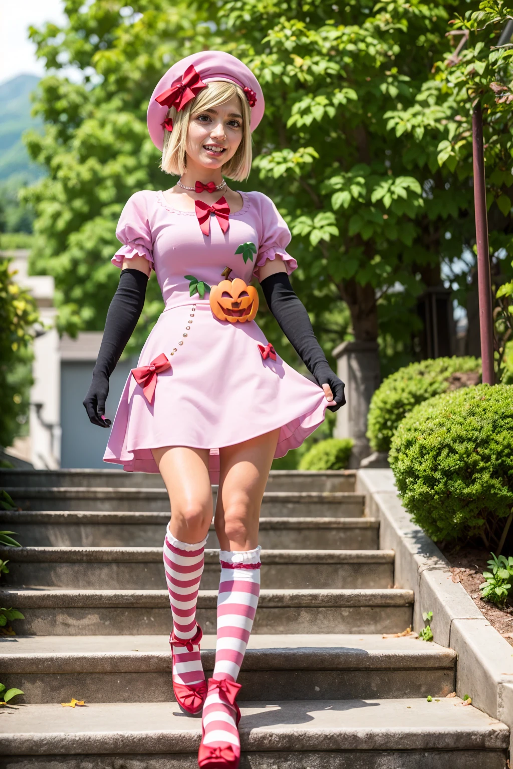 (masterpiece),(best quality), 16k CGI render ((photography)), lambdadelta, dress, shoes bow, red shoes, striped stockings, red bow, pink hat, pumpkin brooch, necklace, gloves, pearl, walking, smile, stairs, temple, mountain, forest, looking at the viewer, close up, pretty face, gorgeous, nice legs