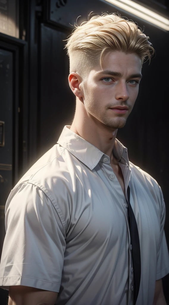 (RAW photo, best quality), (realistic, photo-realistic: 1.3), best quality, highly detailed, masterpiece, highly detailed, illustration, 1 male god, white handsome angel ssel,ktrihs waigabih lerb, upper body, dynamic angle, world masterpiece theater, white skin, handsome male god undercut haircut_ undercut haircut_,best quality, highly detailed Unity 8k CG wallpaper, ink, Awesome, blonde hair, cinematic lighting, lens_flare,, soothing tones, calm colors, contrast tall, , hyperrealism, soft light, sharp), white handsome male angel, white eyes,undercut, smiling, undercur haircut, bur, closed shirt