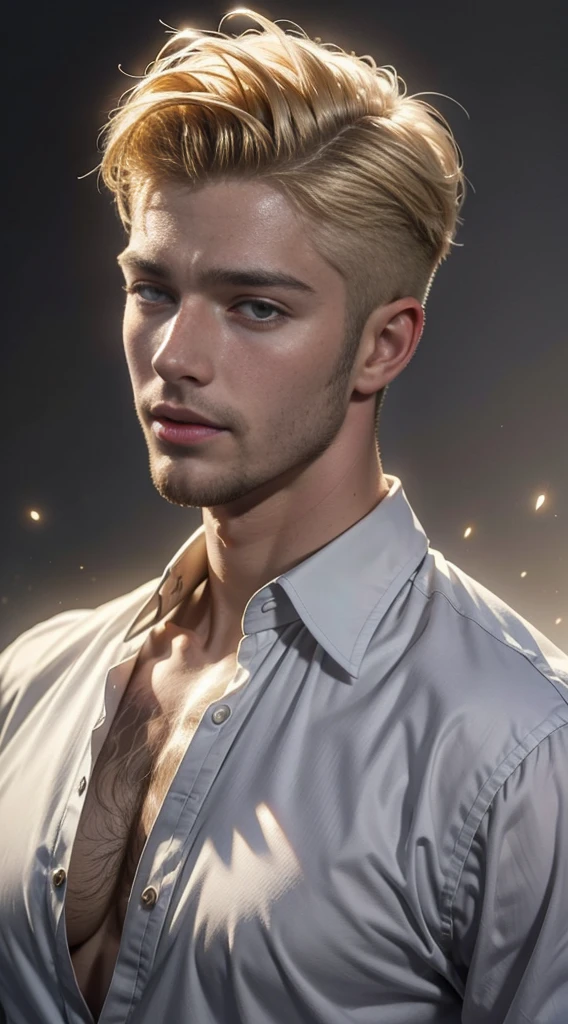 (RAW photo, best quality), (realistic, photo-realistic: 1.3), best quality, highly detailed, masterpiece, highly detailed, illustration, 1 male god, white handsome angel ssel,ktrihs waigabih lerb, upper body, dynamic angle, world masterpiece theater, white skin, handsome male god undercut haircut_ undercut haircut_,best quality, highly detailed Unity 8k CG wallpaper, ink, Awesome, blonde hair, cinematic lighting, lens_flare,, soothing tones, calm colors, contrast tall, , hyperrealism, soft light, sharp), white handsome male angel, white eyes,undercut, smiling, undercur haircut, bur, closed shirt
