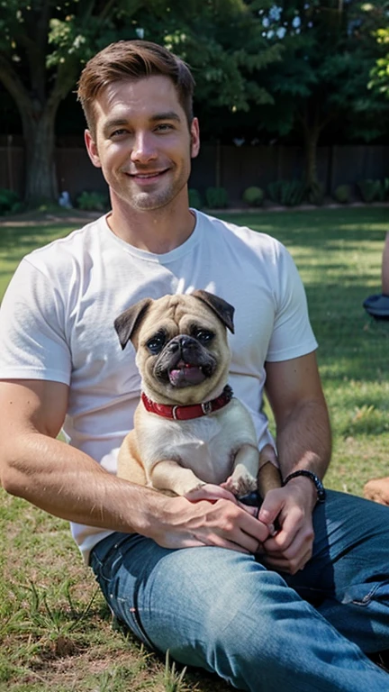 Male 30 years old, Handsome white man with no beard, red t-shirt and jeans, smiley face looking straight at the screen, sitting next to a pug, sitting outside in the green grass park, fresh blue sky