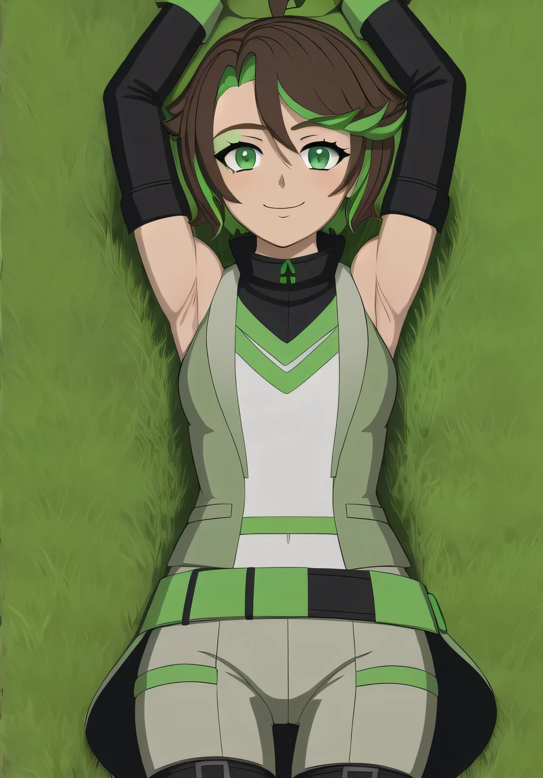masterpiece, best quality, (Jessica_Cruz_rwby), (green eyes), (1girl), (green eyes), solo, spread arms, lying, on back, on grass, arms up, looking at viewer, solo, in the center, cowboy shot, high quality, smile, closed mouth,