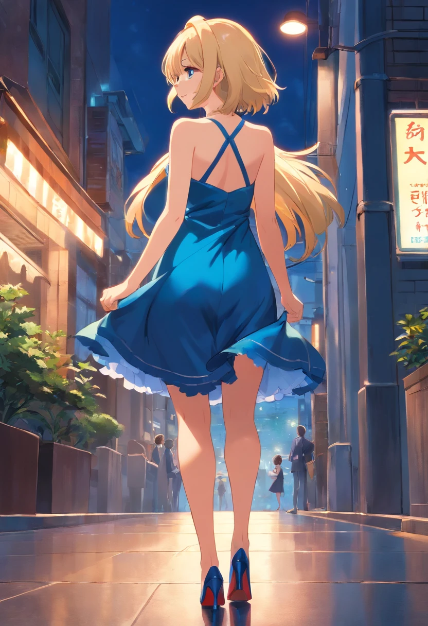 Blonde woman 17 years old, ojos azules ((pelo corto)) ((cuerpo entero)) vestido de noche azul sin espalda, high heels and handbag from back looking back and smiling , piso mojado de noche