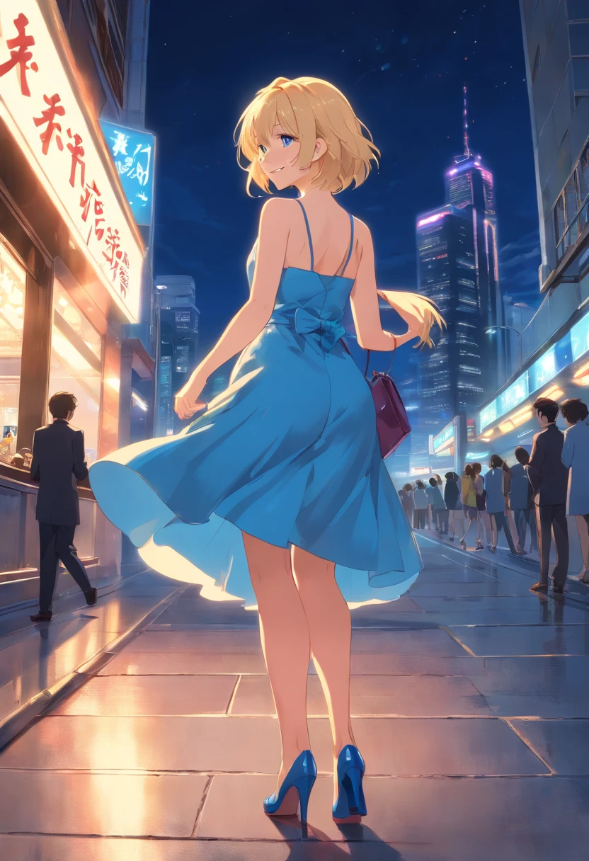 Blonde woman 17 years old, ojos azules ((pelo corto)) ((cuerpo entero)) vestido de noche azul sin espalda, high heels and handbag from back looking back and smiling , piso mojado de noche 