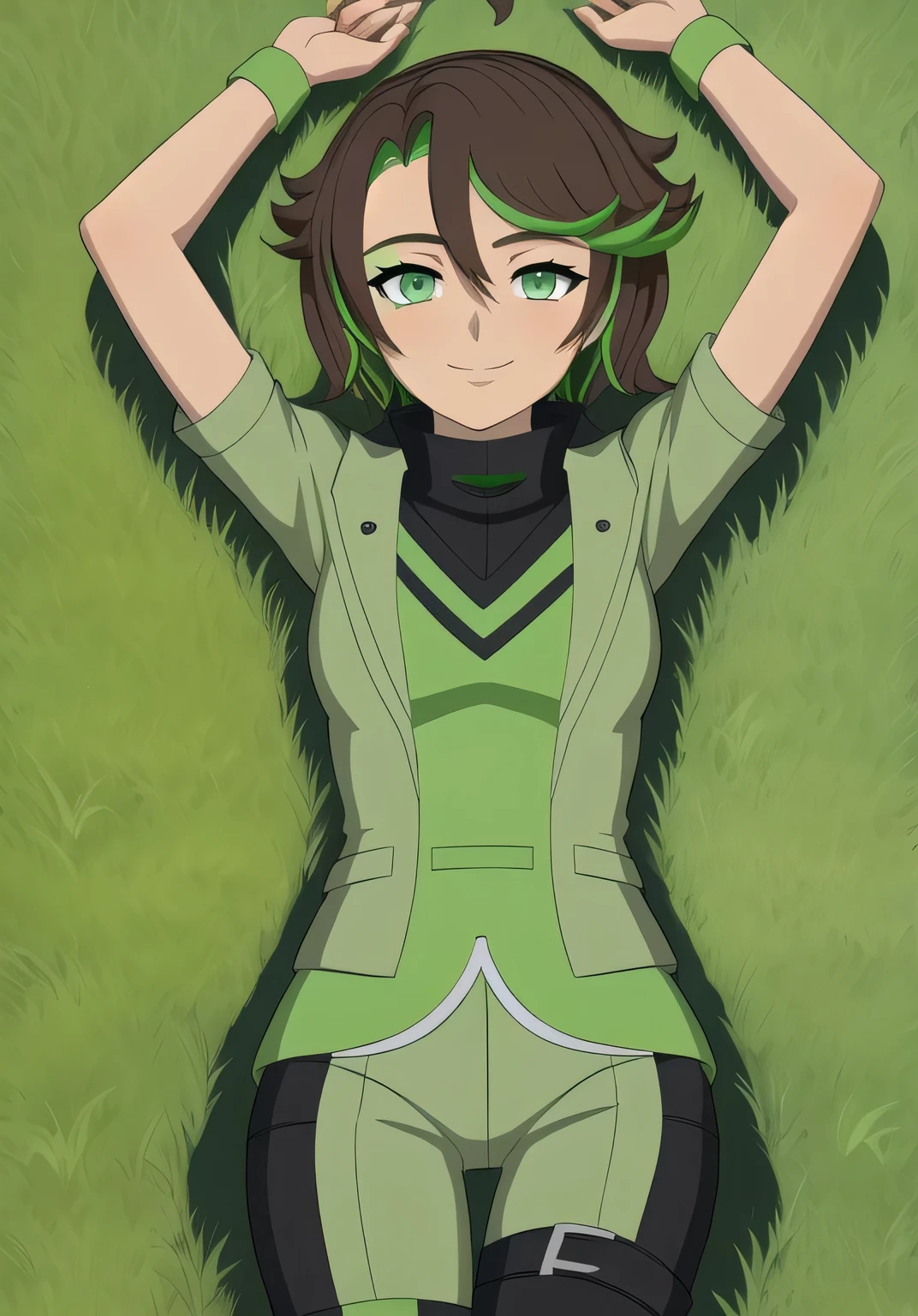 masterpiece, best quality, (Jessica_Cruz_rwby), (green eyes),  (1girl), (green eyes), solo, spread arms, lying, on back, on grass, arms up, looking at viewer, solo, in the center, cowboy shot, high quality, smile, closed mouth,