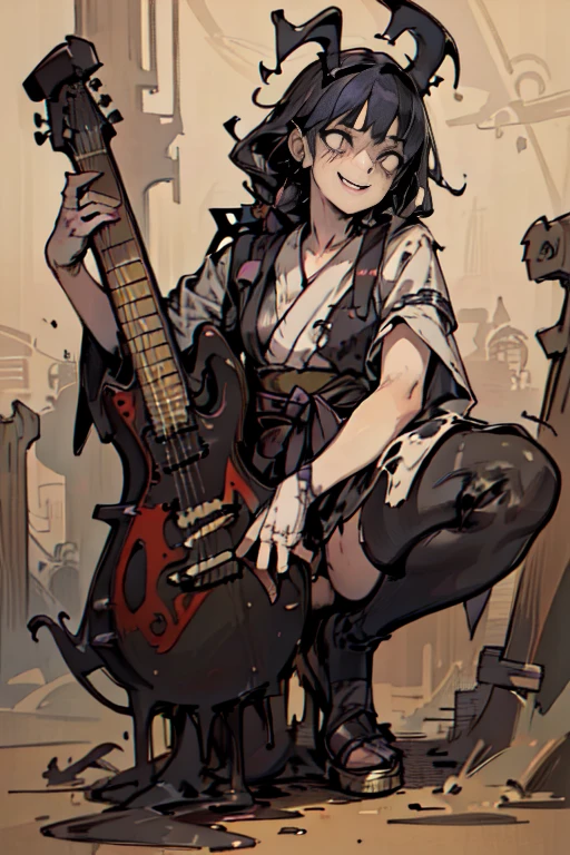 ((Hardcore Punk Girl))、(cemetery、skeleton)), ((circus)), ((playing the guitar)),cartoon style, Horror elements, Comic book style illustrations, (drawing style), Japanese painting, full body (Spooky), Japanese carving, primitive art, circus, crazy illustration, flat illustration, Blissful smile, Spookyな外観, Distinctive messy hairstyle, （nsfw）