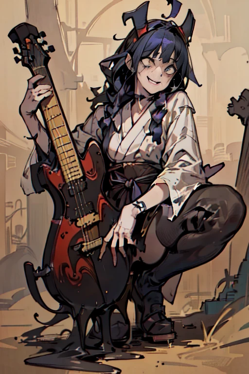 ((Hardcore Punk Girl))、(cemetery、skeleton)), ((circus)), ((playing the guitar)),cartoon style, Horror elements, Comic book style illustrations, (drawing style), Japanese painting, full body (Spooky), Japanese carving, primitive art, circus, crazy illustration, flat illustration, Blissful smile, Spookyな外観, Distinctive messy hairstyle, （nsfw）