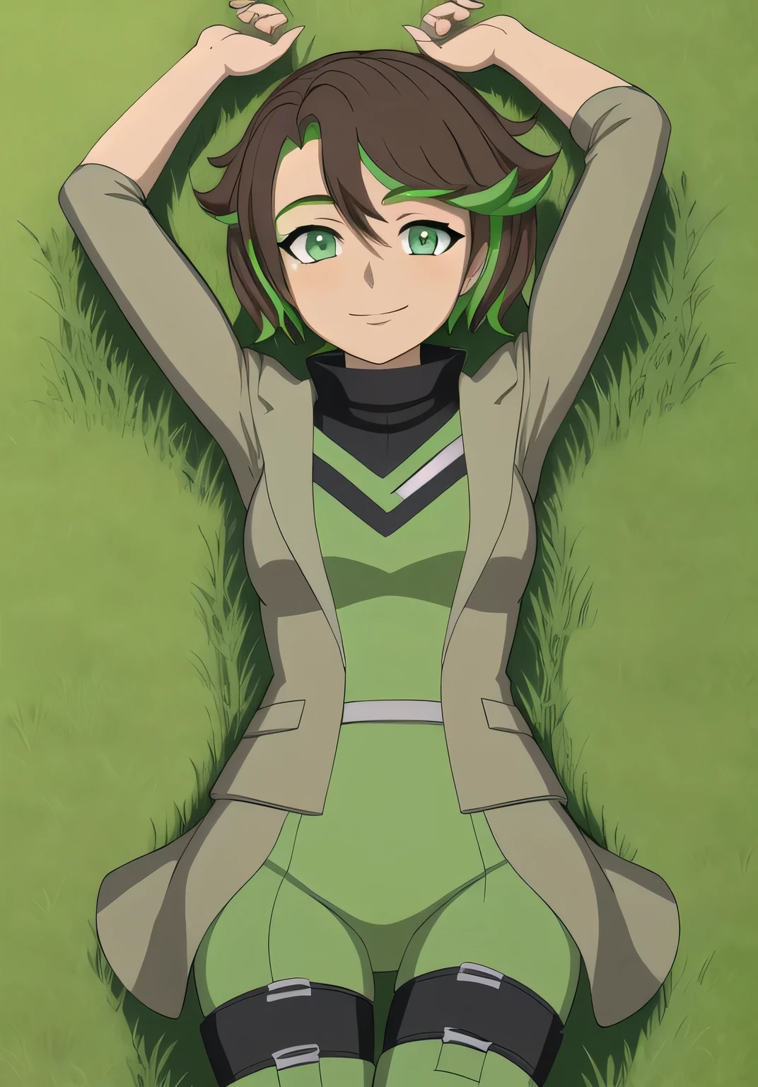 masterpiece, best quality, (Jessica_Cruz_rwby), (green eyes), (1girl), (green eyes), solo, spread arms, lying, on back, on grass, arms up, looking at viewer, solo, in the center, cowboy shot, high quality, smile, closed mouth,