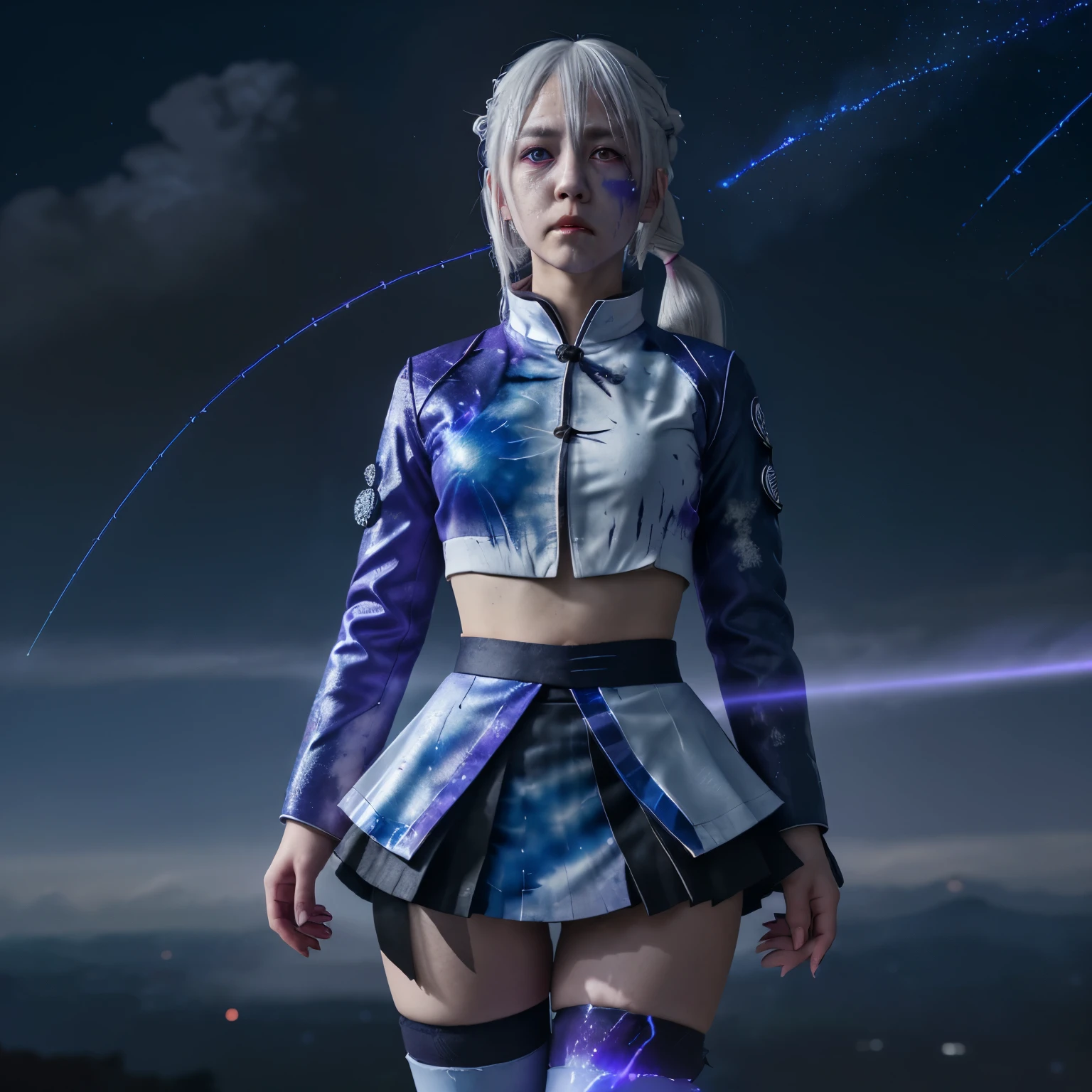 1girl, japanese clothes, ponytail ,white hair, purple eyes, magic circle, blue fire, blue flames, wallpaper, landscape, blood, blood splatter, depth of field, night, light particles, light rays, sidelighting, thighs, fate \(series\), genshin impact, ****, open jacket, skirt, thighhighs, cloud