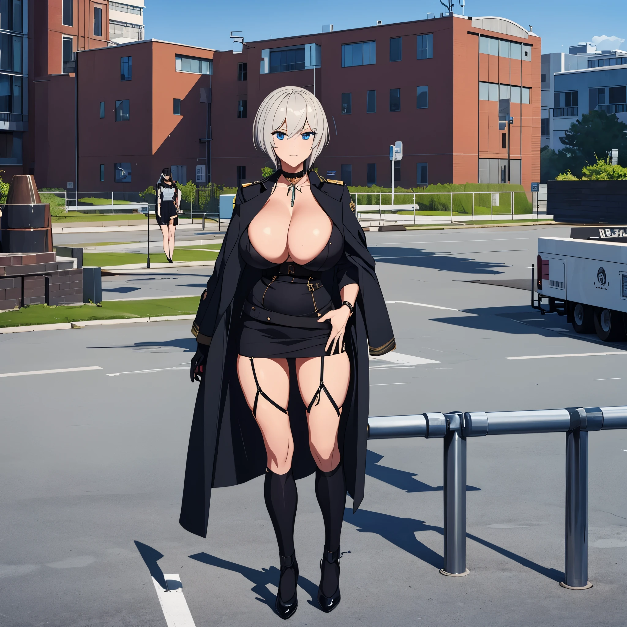 A woman wearing a dark military coat, exposed breasts, large breasts, short black skirt, long stockings, women's shoes, short silver hair, blue eyes, on a naval dock, building in the background, pleasant weather on the dock,HDR, ultra resolution, very detailed, masterpiece, ultra quality, 4K HD. (solo, just one woman)
