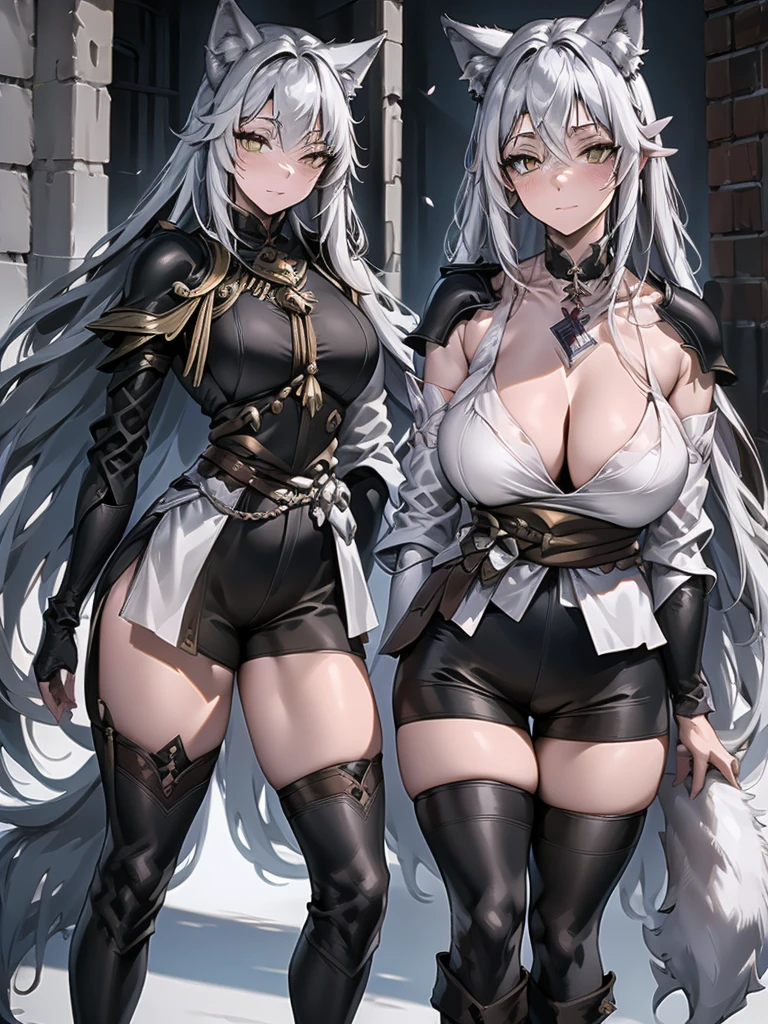 Full body portrait, single woman, especially detailed face, masterpiece, 4k, wallpaper, highlydetailed face, ultra-detailed face, voluptuous, big breasts, curvy, long hair, gray-silver hair, a young wolf woman, wolf ears, long wolf tail, wolf-like irises, beautiful, enchanting, bright yellow eyes, detailed eyes, ultra-detailed eyes, elegant, small vertical scar under right eye, small rosy lips, big breasts, slender elegant arms, pretty hands, detailed hands, charming, slight blush, smug smile, black stylish shorts and top outfit, detached sleeves, light black armor, armored bike shorts, black armored coat, black metal armor, bare off shoulders, toned abs, exposed belly, standing pose, hands on hips pose, sole girl