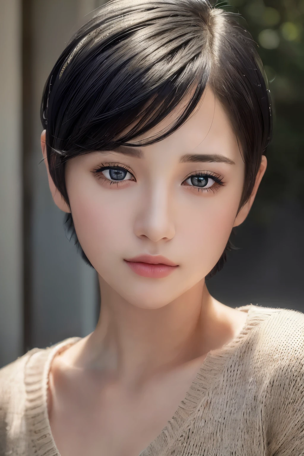 (masterpiece:1.3), (8K, realistic, Raw photo, highest quality: 1.4), (1 girl), beautiful face, (realistic face), (black hair, short hair:1.3), beautiful hairstyle, realistic eyes, detailed and beautiful eyes, (realistic skin), beautiful skin, (sweater), disorganized, Charm, ultra high resolution, surreal, very detailed, golden ratio