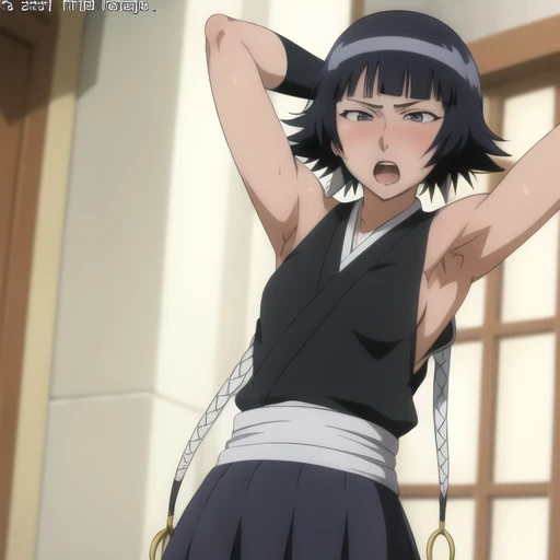 ( Anime screenshots:1.1),outdoor,
1 girl, alone, black hair, side breasts,permanent, short hair with long locks, Japanese clothing hip vents, short hair, small breasts, (white eyes:1.1),Also available in black, Not wearing, Gloves, And a skirt,low double braids,sash,Facing the audience, looking at the audience, tired,from below, (Show armpits:1.3), Sexy, Sweat,(ahegao), (Roll your eyes), naughty face, blush, open mouth, Sticking out tongue, saliva, Ah Hag ,Put your arms behind your head