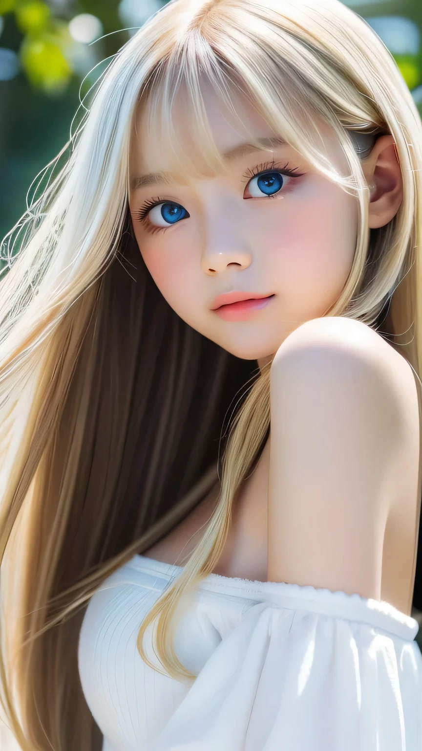 perfect beautiful face、20 year old beautiful cute girl、Sexy and very beautiful cute face、Beautiful cute sexy bright sky blue big eyes、very big bright eyes、very super long beautiful shiny silky straight pearl blonde hair、Super long beautiful bangs、white skin、Shiny skin、gross face、cheek gloss、hair above eyes、片hair above eyes、hair between eyes、