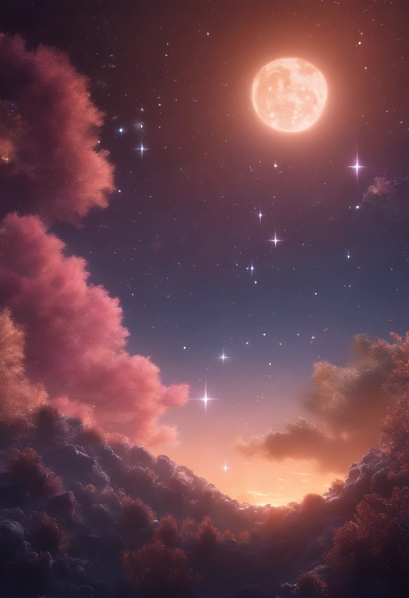 ((HG)), A captivating ((photorealistic image)) of a dreamy night sky featuring a fulmoon and an array of twinkling stars. Galaxy, creating a sense of depth and fantasy.  soft dreamy ethereal atmosphere. This stunning 3D render is perfect for an iPhone wallpaper, showcasing an aesthetic blend of cosmic and dreamy elements that would make it a standout cinematic backdrop.