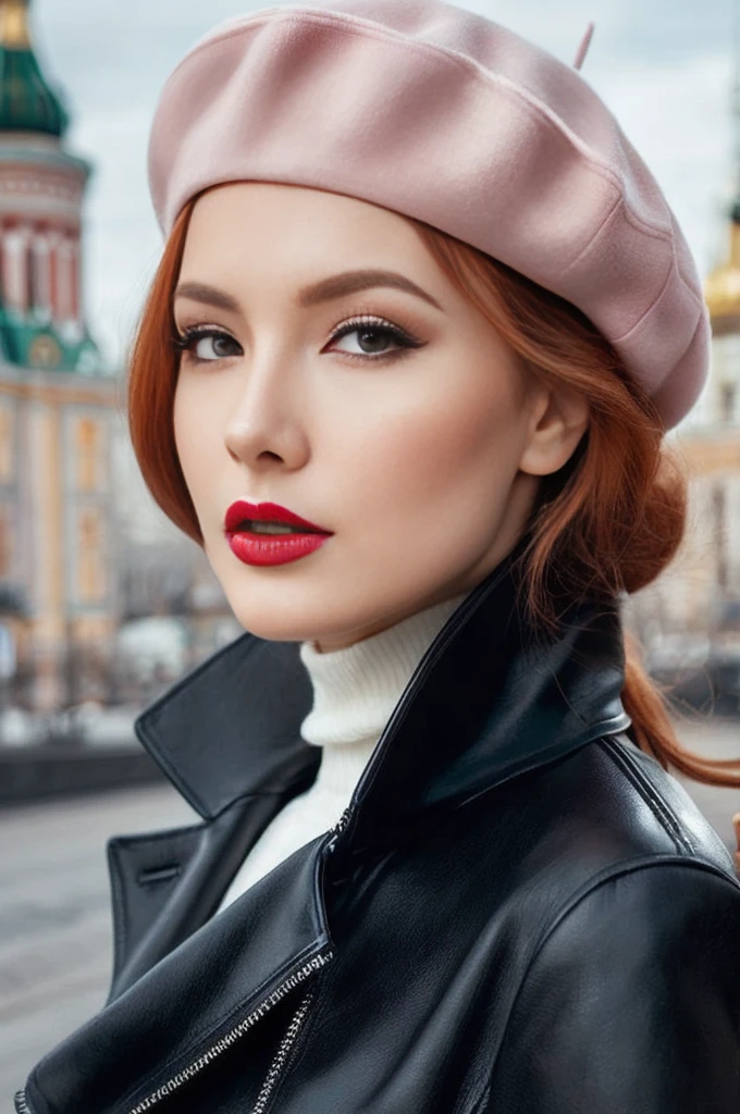 A close-up portrait of a gorgeous, beautiful, stunning russian woman wearing a classy elegant outfit: a black leather jacket, a white turtleneck sweater and a pale pink beret. A redhead woman from Russia, delicate red lips, pastel pink skin tone, soft flawless pale skin, elegant make-up, red lipstick. Classy, elegant, sophisticated redhead woman, a majestic lady, dream beauty, ethereal beauty, angelical beauty, delicate, sensitive, tender, lovely, romantic, kind-hearted, femenine and strong, brave, determinated woman. Elegant look, flowing and glowing wavy ginger hair. She's making a photo book, posing for camera, professional photograph, editorial photograph, portrait photograph of a russian model.
