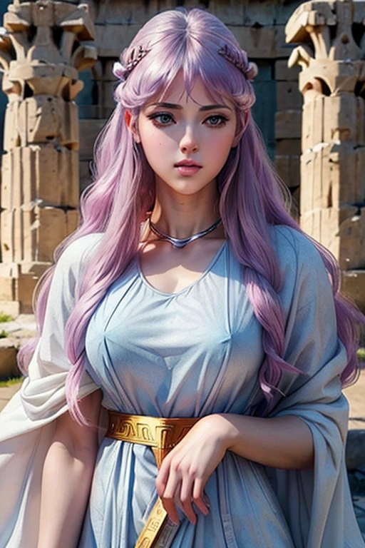 Masterpiece, a beautiful 18 years old hot girl with lilac hair, long wavy strawberry lilac hair, bangs over the forehead, eyes light grey-blue, (wearing an ancient greek doric tunic, wearing a Strophion, wearing a Peplos, wearing a full set of ancient greek jewelry:1.3), slender hot body, big , hot waist, hot hips, hot long legs, 1girl, purity, pale skin pores texture, ultra high quality, 4k, anime cinematic, ultra quality, natural lighting, depth of field, realistic anime, wrinkled skin, pale skin, sharp, anatomically and proportional full body shot, looking sensually at viewer, noble, chapped lips, soft natural lighting