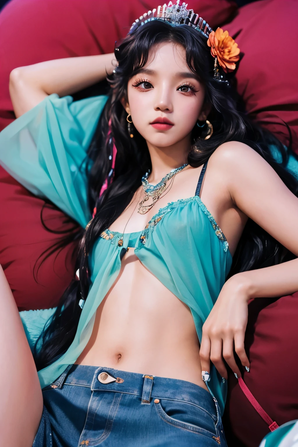 (8k, highest quality, ultra detailed:1.37), (Dina), 18yo, (a free-spirited Javanese girl), embraces the bohemian festival atmosphere. She wears a summer dress top with denim shorts and accessorizes with flowers and beads. Her black hair in a crown braids was swept up in loose curls that tumbled down her back. The high-resolution image captures ultra-detailed realism, highlighting Dina's captivating eyes, long eyelashes, and smooth complexion. The vibrant festival setting adds an energetic and colorful backdrop to showcase Dina's carefree and artistic personality.