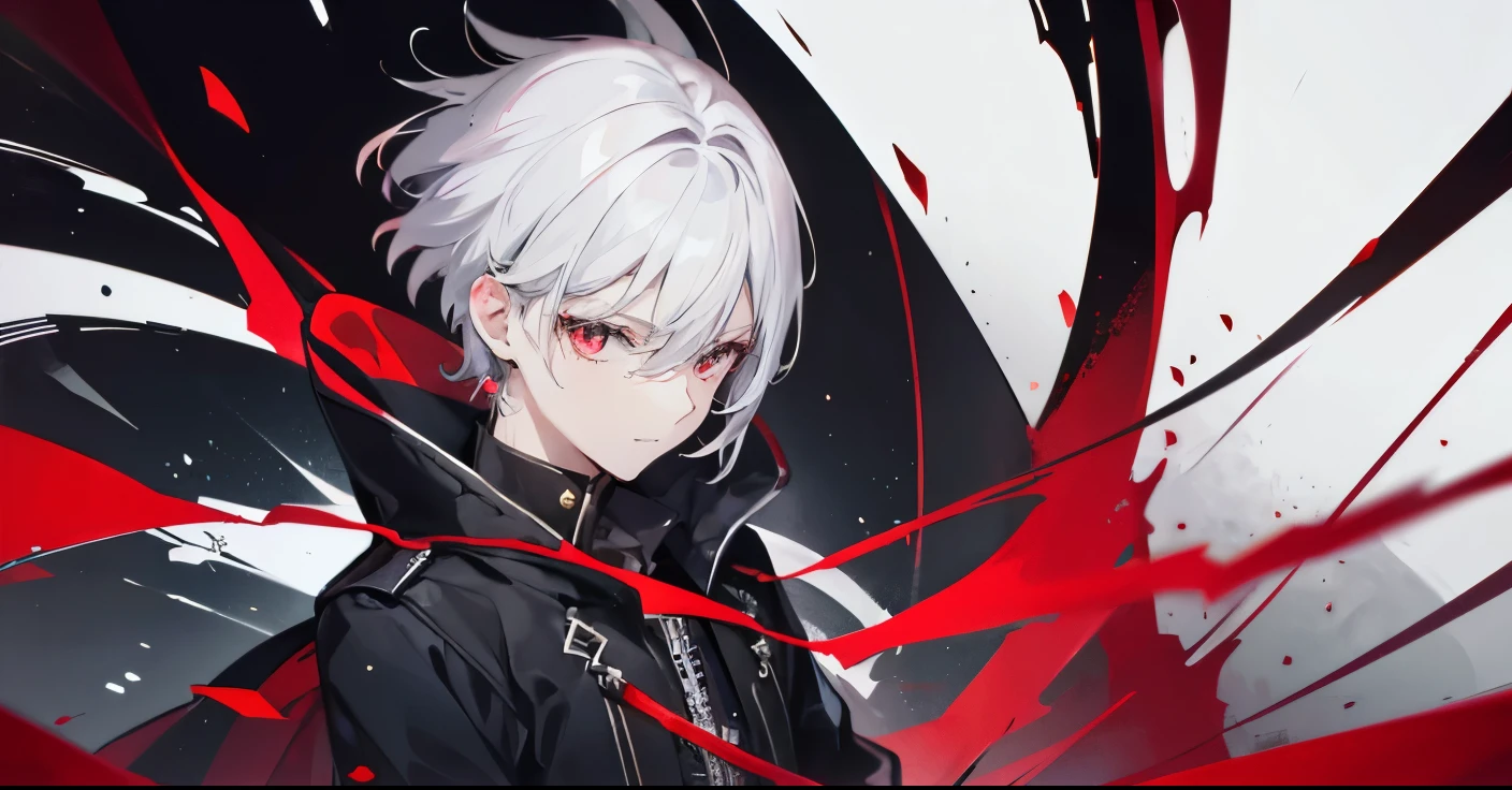 High resolution, 2D anime style,,cool men,short hair,tall,silver hair,beautiful earrings,red eyes,Dark Fashion,He is laughing alone,