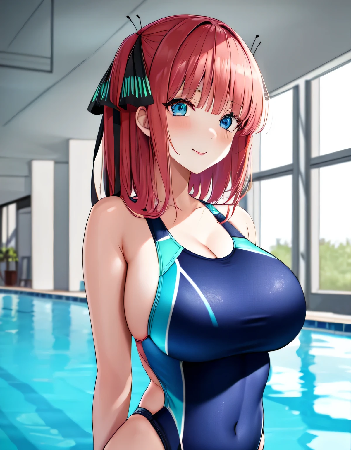 nn1,hair ribbon,long hair,pink hair,(light blue eyes),(shiny Competition swimsuit),indoor pool,smile,nino nakano,(large breasts:1.5),(shiny,hair),((solo)),((masterpiece)),((best quality)),perfect anatomy,slim waist,perfect image,8k UHD,(beautiful detailed eyes:1.5),extremely detailed face,standing,(upper body:1.1),(look at the front:1.1),arms behindback,ultra-detailed,absurdres,highres,