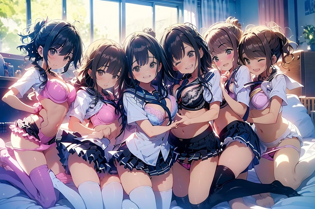 nswf:1.4,(masterpiece: 1.2, highest quality, masterpiece, Clearer images), (Bright colors), ((Take clear photos even from a distance)), (multiple girls), (Harem), (School classmates), (((All school uniforms have the same design))), (((Everyone is wearing the same navy blue skirt))), (()), ((prostitution婦)), (prostitution宿, on the bed), (cute Japanese((6 girls))), (((infant'face))), ((group shot)), (group selfie), wide angle, soft light, ((((laugh with your mouth wide open)))), (slightly larger breasts), ((prostitution)), (lure), ((viewers love it)), (((A lot of hearts are flying))), Landscape、(((show panty:1.6)))、((((M spread legs:1.4)))、((female masturbation:1.8))、((breast grab:1.3)),(((bra lift:1.2)))、one eye closed、stick out one's crotch