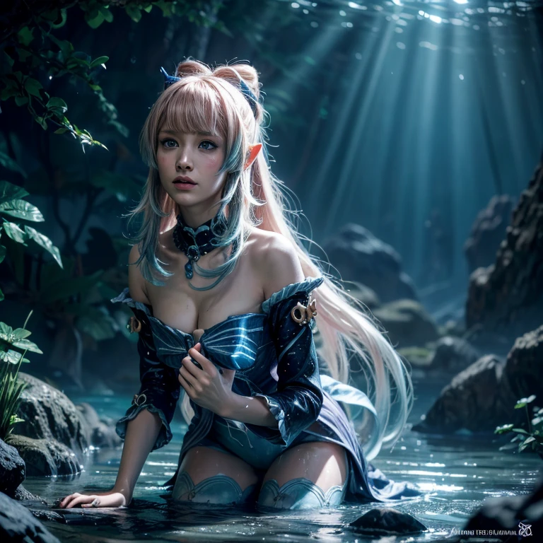 high details, best quality, 16k, [ultra detailed], masterpiece, best quality, (extremely detailed), dynamic angle, ultra wide shot, RAW, photorealistic, fantasy art, dnd art, rpg art, realistic art, an ultra wide picture of a sea elf (1.5 intricate details, Masterpiece, best quality) water mage casting ((water control spell)), water wizard ((water magic, intense magic details)), ((controlling a swirling mass of water)), magical symbols GlowingRunes_pink, female sea elf, blue skin, green hair, long hair, swirling hair, intense eyes, small pointed ears, ((blue eyes)), ((glowing eyes)), armed with magical wand, wearing sea shell clothing, beautiful elf, underwater background, rich underwater life, ((magical atmosphere)), fish and sea weeds, high details, best quality, highres, ultra wide angle