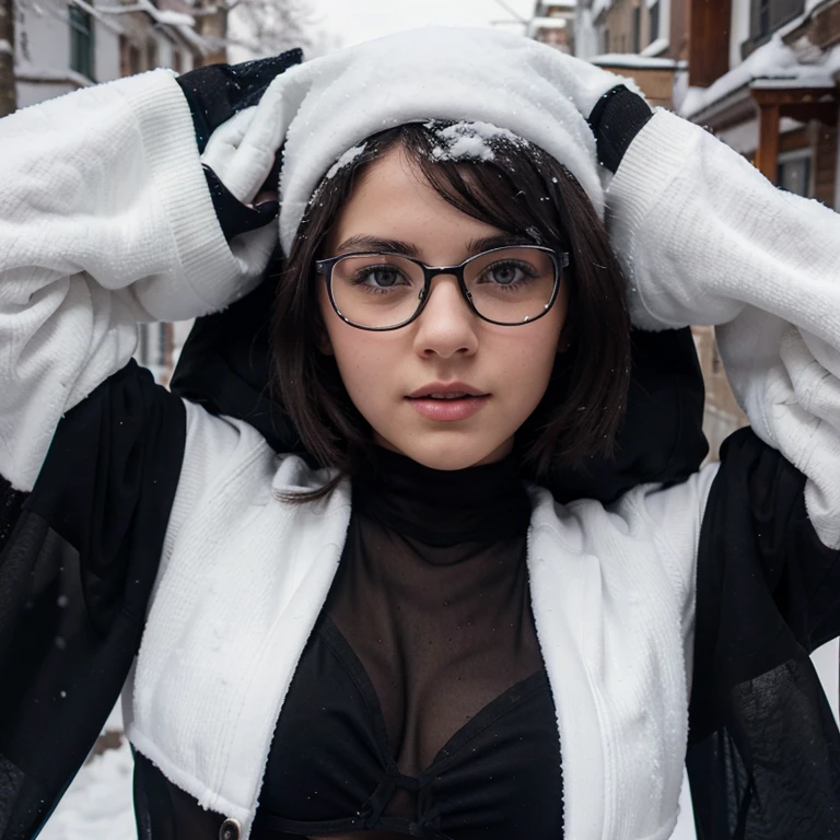 Young teen with glasses on her eyes black sheer wear on snow with seductive pose 