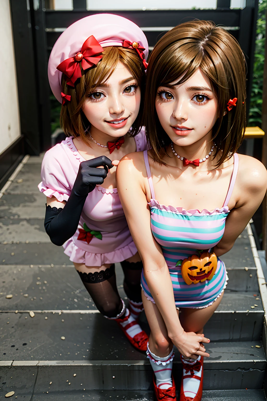 (masterpiece),(best quality), 16k CGI render ((photography)), photorealistic, lambdadelta, dress, shoes bow, red shoes, striped stockings, red bow, pink hat, pumpkin brooch, necklace, gloves, pearl, walking, smile, stairs, temple, mountain, forest, looking at the viewer, close up, pretty face, gorgeous, nice legs