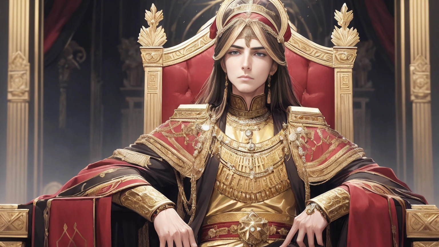 (best quality,4k,highres,masterpiece:1.2),ultra-detailed,realistic,portraits,beautiful detailed eyes,beautiful detailed lips,extremely detailed eyes and face,longeyelashes,roman emperor,Constantine the Great,imperial clothing,grand appearance,regal posture,historical presence,majestic aura,imposing figure,dramatic lighting,marble sculpture-like,ageless beauty,stoic expression,halo-like glow,rich color palette,sumptuous robes,elaborate gold accents,ornate throne,serene background,imperial authority,commanding presence,royal palace,magnificent architecture,awe-inspiring atmosphere,imperial insignia,lion motifs,radiating power,monumental grandeur,eternal legacy,divine ruler,golden age,legendary conqueror,symbol of Roman Empire,inspiration for artists throughout history.