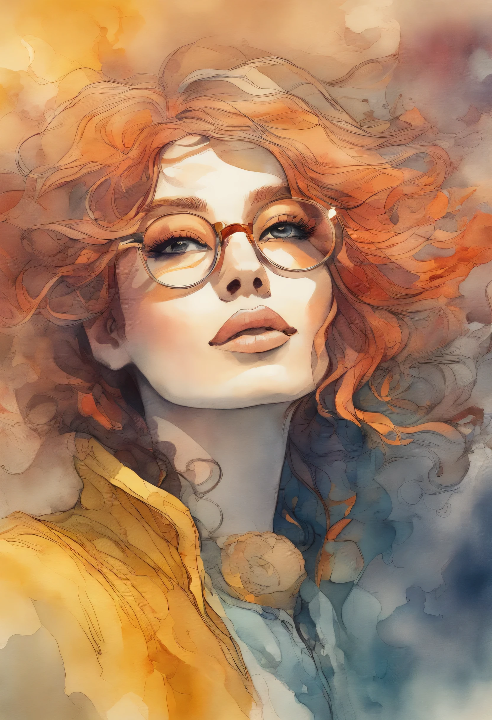 close-up scene partial front view; details in 8k; precision in details; Pablo Picasso style drawing. Wood splash; high contrast of gloomy colors; Abstract artistic drawing textured background of a beautiful woman with long wavy red hair wearing square glasses; woman smiling with red lipstick, face more toned and rounded and with slight dimples near the mouth, wearing a black coat with a yellow t-shirt underneath looking to the right, illustration, illustration in pastel tones, professional illustrator, best watercolors, ink paintings and watercolor, alcohol ink, vibrant colors, perspective view, centered, lines in perspective;